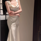 Elegant Mermaid Prom Dress Satin White Long Evening Dress YM1702