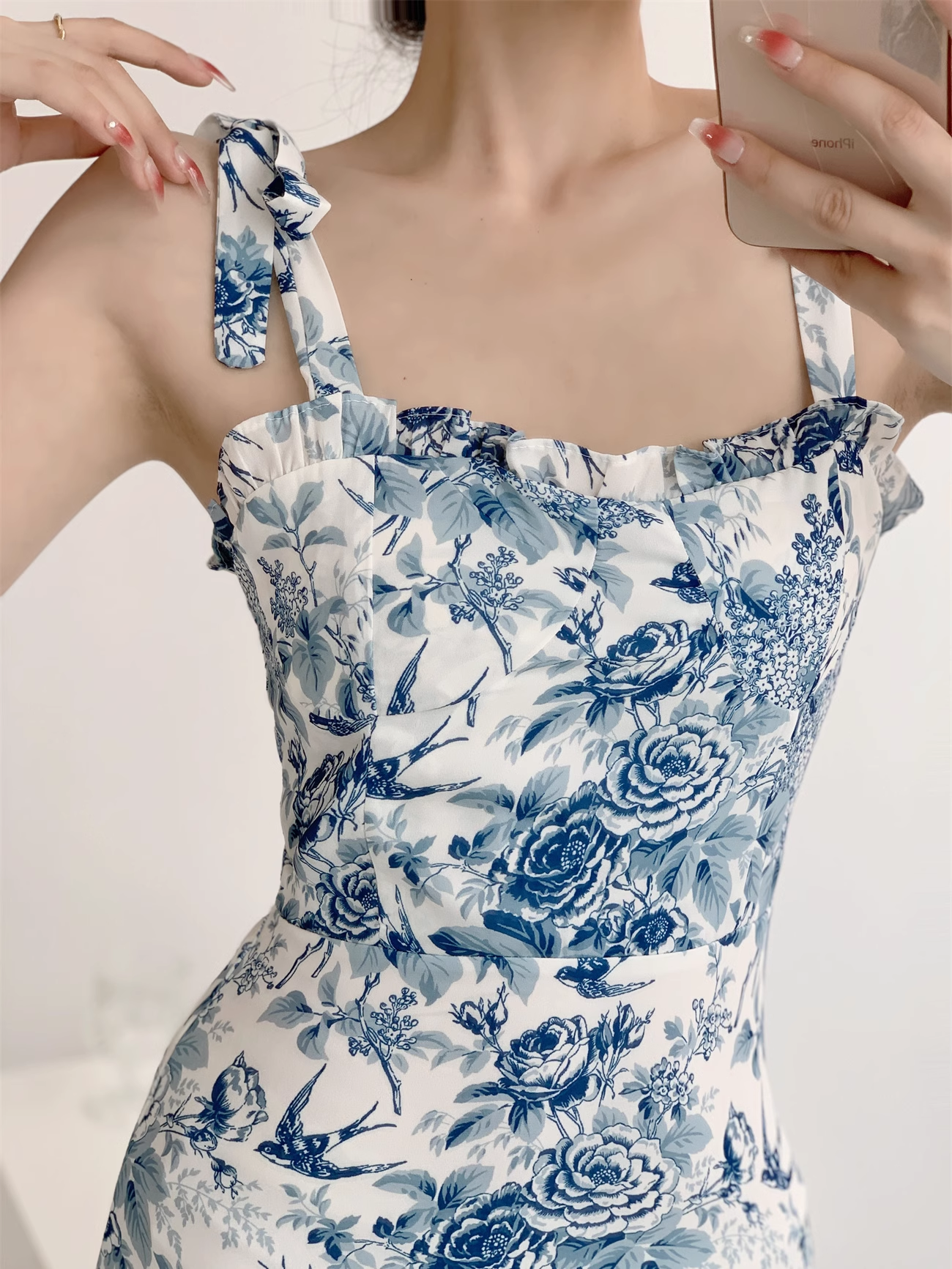 Blue and white porcelain floral square neck suspender dress YM466