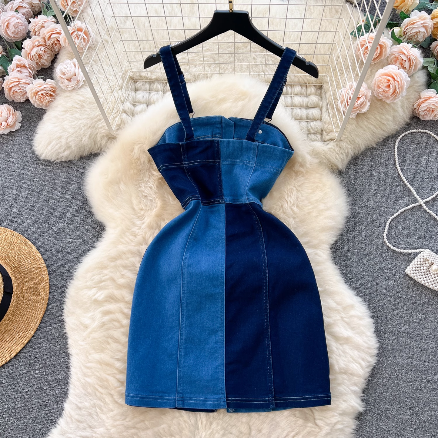 women's summer retro contrast color denim suspender dress YM310