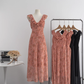 Orange Chiffon V Neck Floral Dress  YM1787