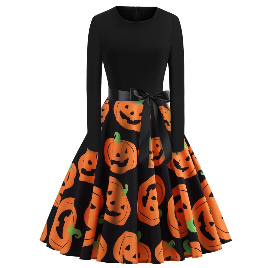 Halloween costume retro women's long-sleeved contrast black and pumpkin print dress YM686