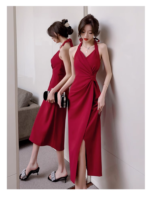 Burgundy Halter Bodycon Dress    YM1259