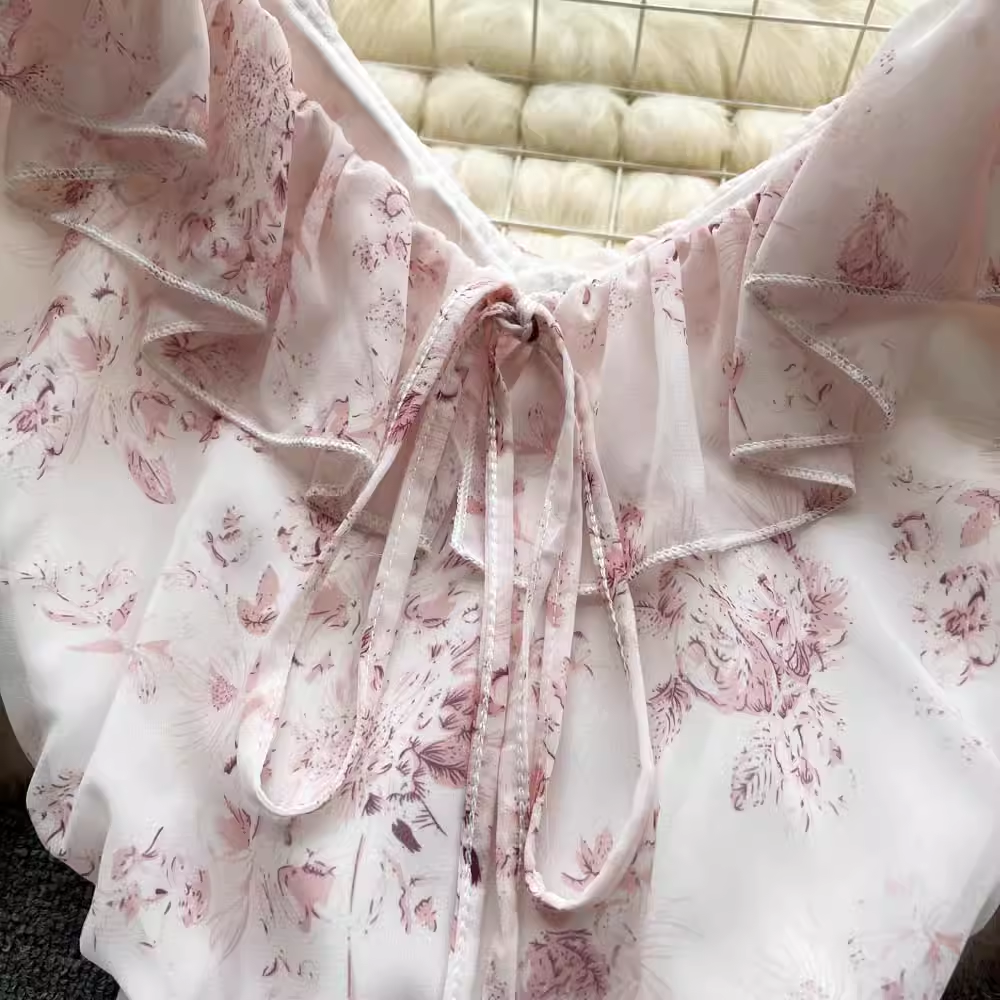 Pink Floral Fairy Dress Summer New Chiffon V-neck Wrap Dress  ,YM45