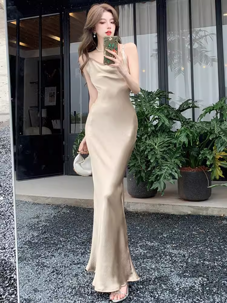 Champagne Satin Spaghetti Straps Dress  YM1484