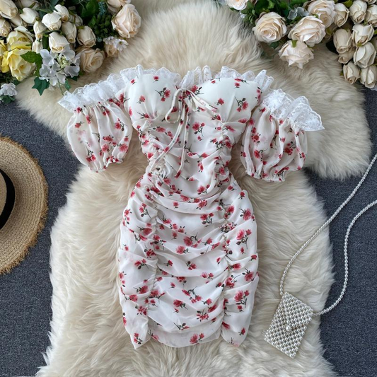 Fashionable Ins holiday style floral dress off the shoulder summer holiday Dress, YM79