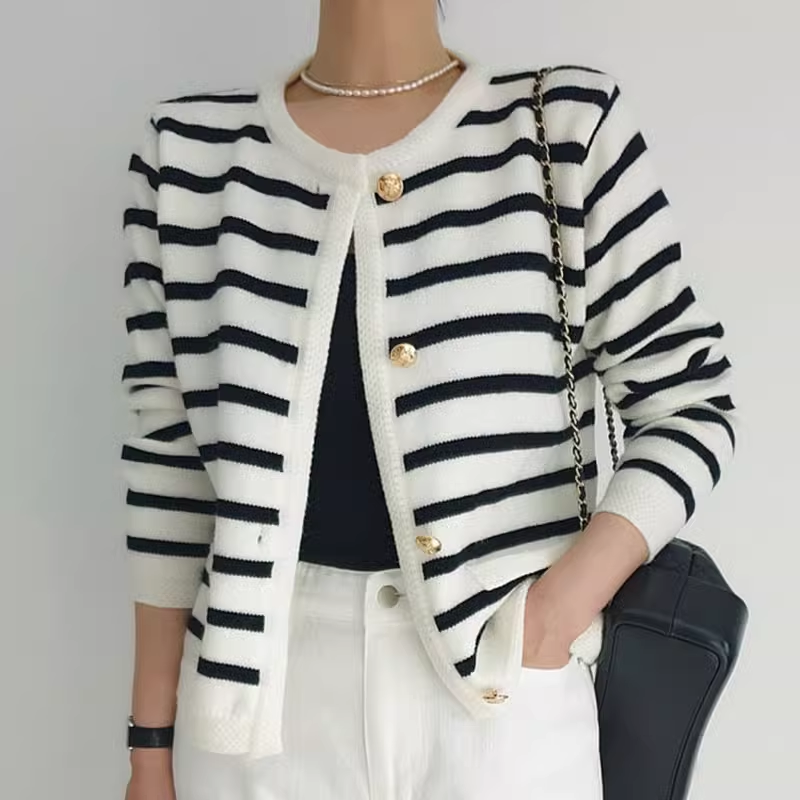 Autumn and winter retro black and white striped knitted cardigan jacket YM414