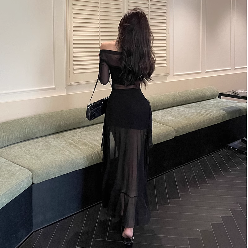 Black sexy off the shoulder see-through dress YM1067