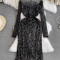 Long-sleeved mesh patchwork stand-up collar sparkling sequin dress YM1015