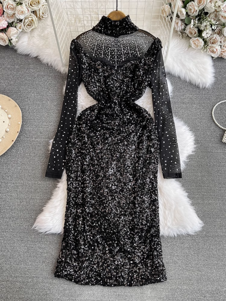 Long-sleeved mesh patchwork stand-up collar sparkling sequin dress YM1015