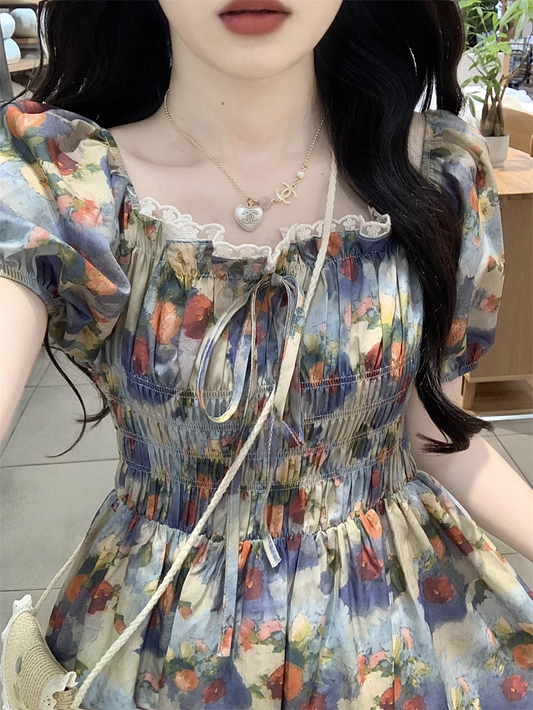 Oil painting girl's floral long dress women's summer  YM1456