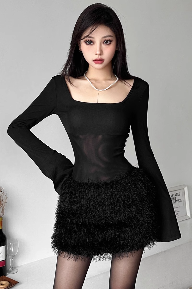 women's sexy plush skirt long sleeve dress YM683