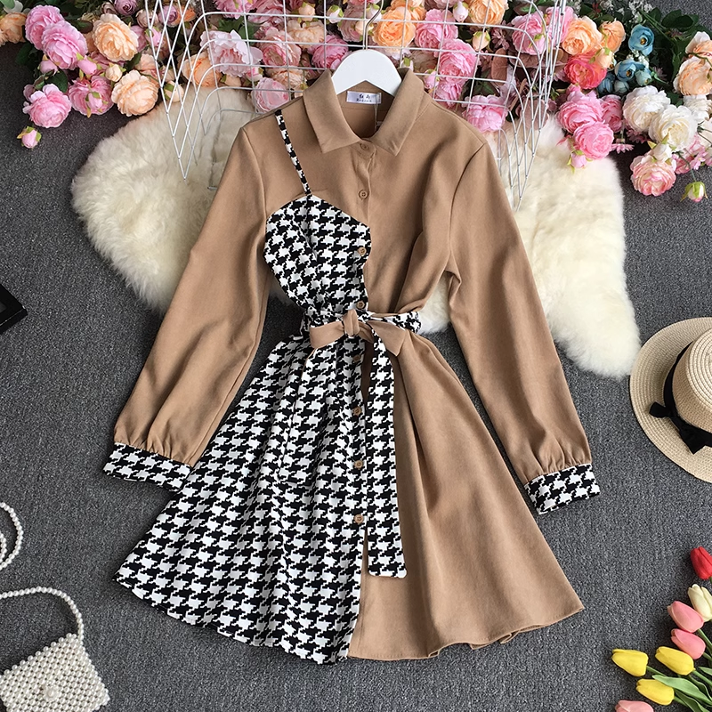 Women's long-sleeved shirt dress with contrasting color stitching design YM527