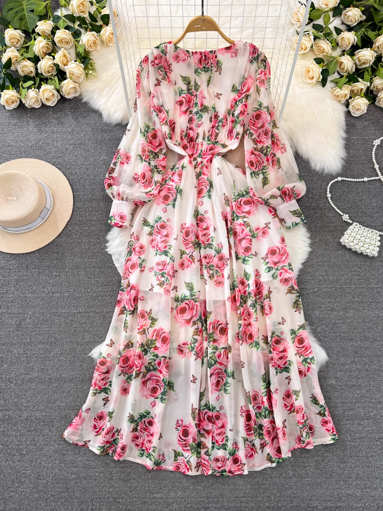 Long-sleeve round neck A-line rose print chiffon maxi dress YM884