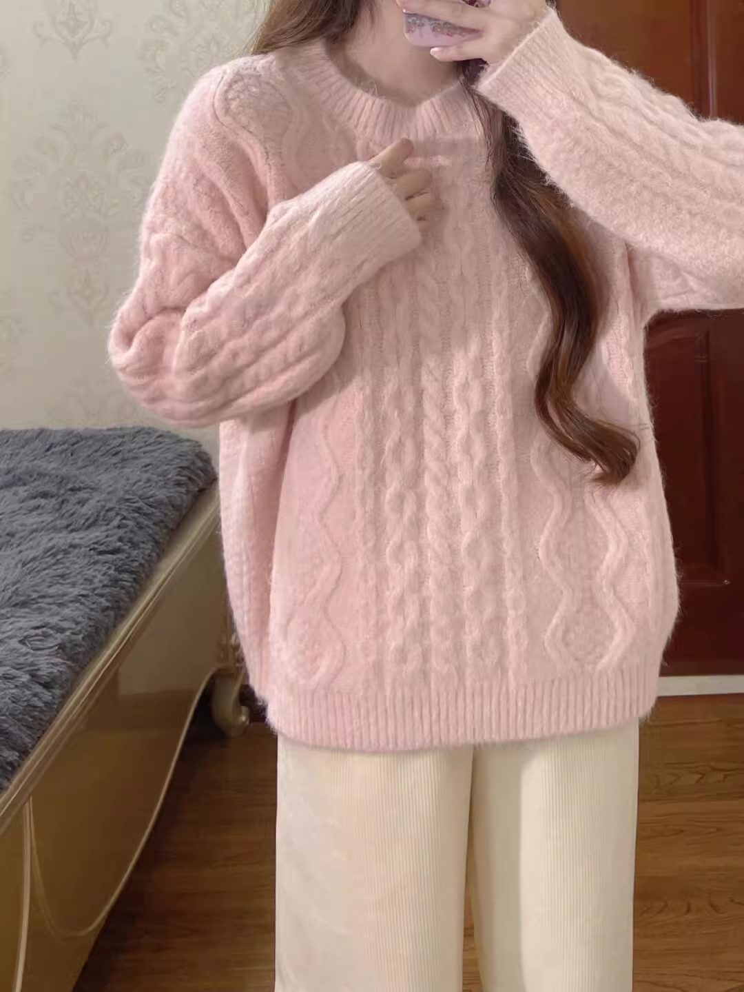 Lazy pink twist knitted sweater YM869