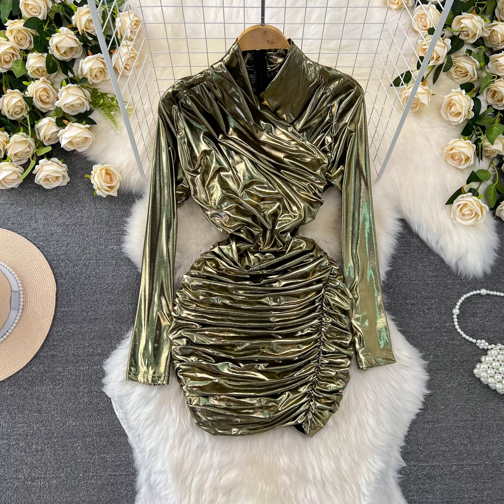 Stylish long-sleeved stand-up collar pleated short glossy metallic dress YM940