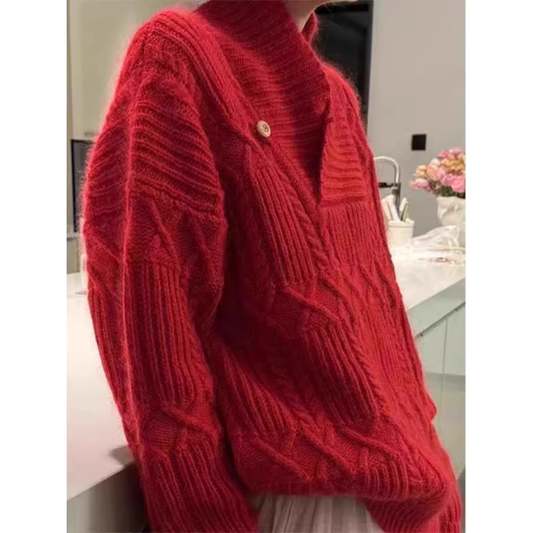 Women's red v-neck pullover knitted sweater YM1881