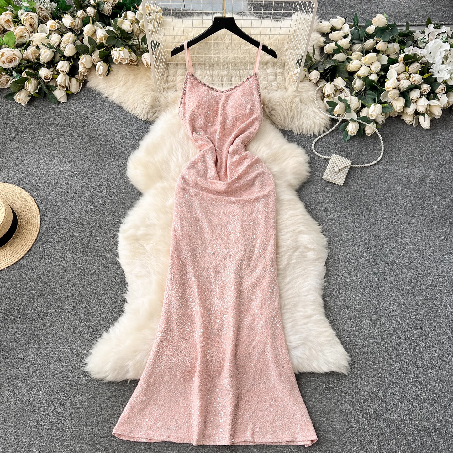 Women's elegant long sequin suspender dress YM1149