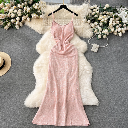 Women's elegant long sequin suspender dress YM1149