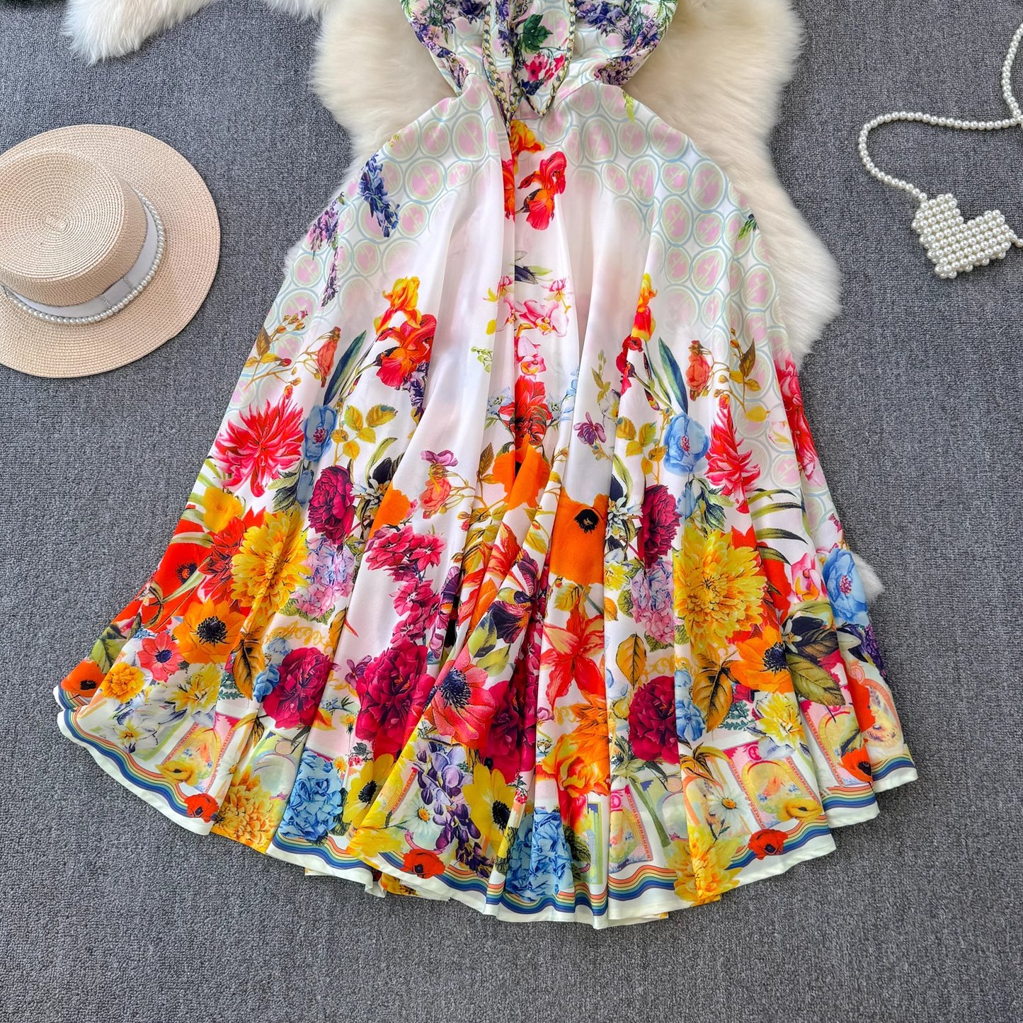 Colorful floral suspender seaside vacation dress  YM1428