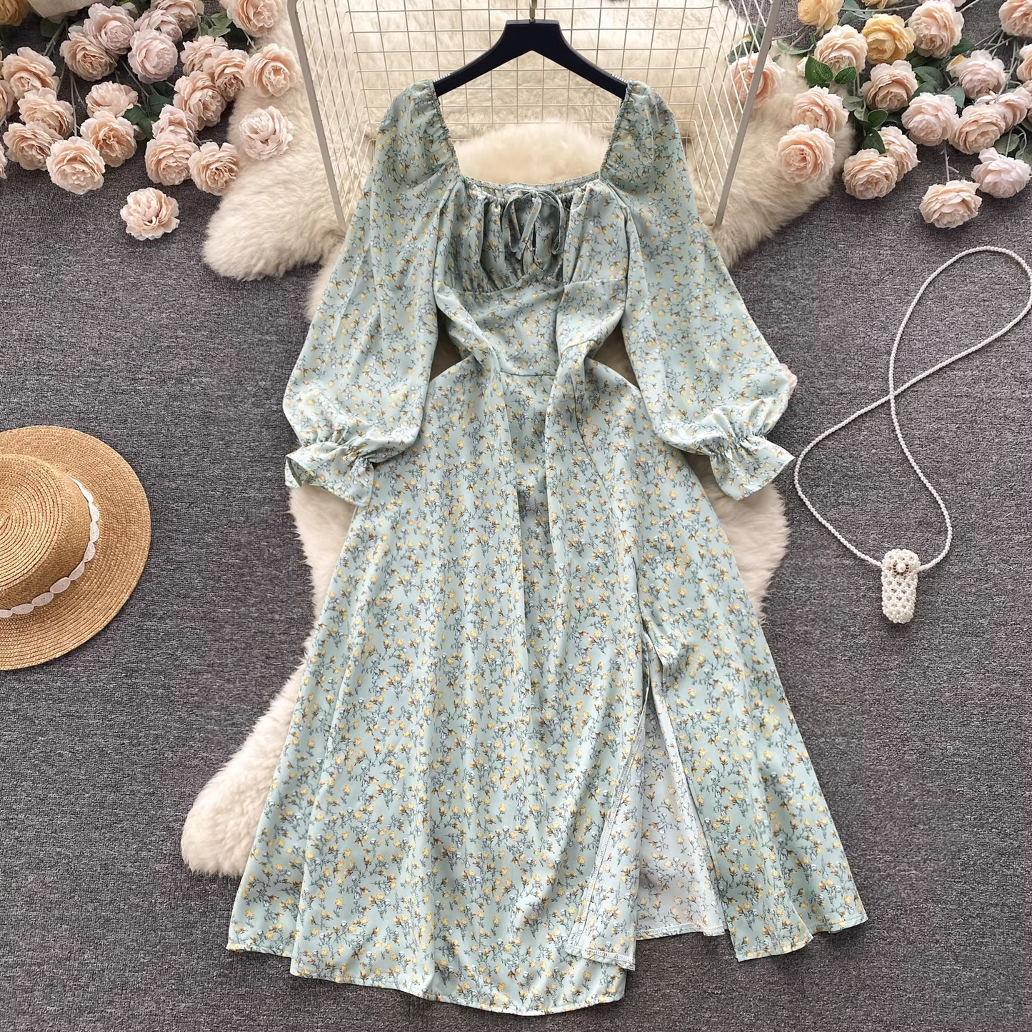 Floral Square Neck Puff Sleeve Dress YM397