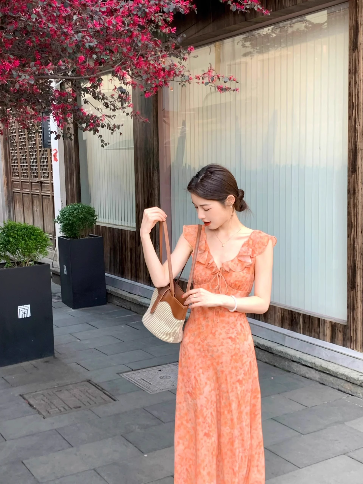 Orange Chiffon V Neck Floral Dress  YM1787