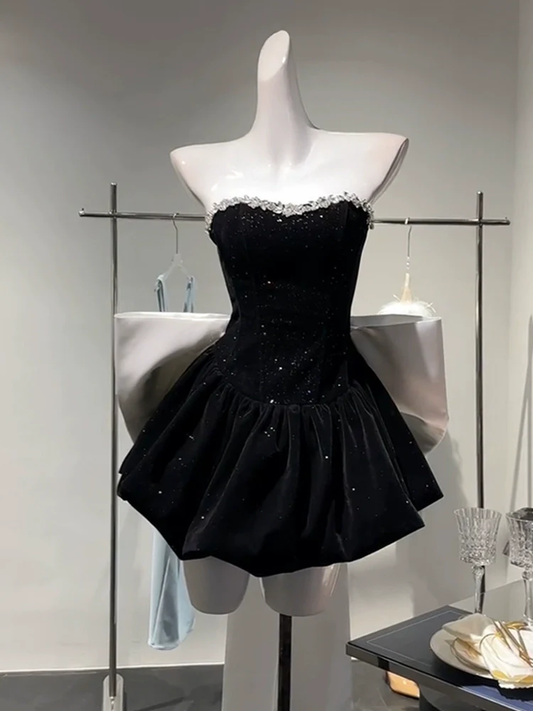 Luxury Black Birthday Dress Princess Velvet Short Dress With Bow YM1736