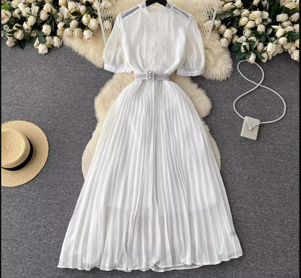 Turtleneck Puff Sleeve Pressed Pleated Dress,YM115