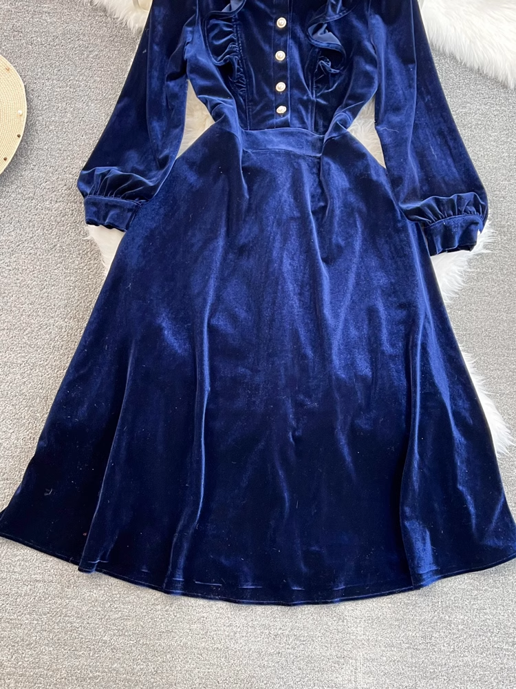 Long sleeve lapel a-line velvet dress YM990