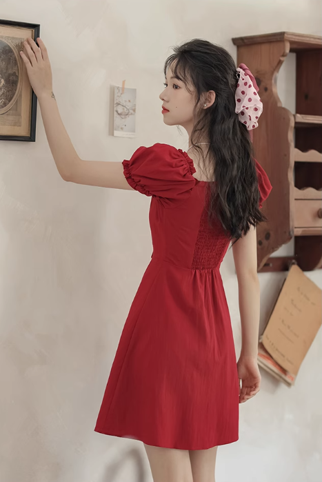 New Style Red Short Dress With Square Neck And Puff Sleeves YM1802