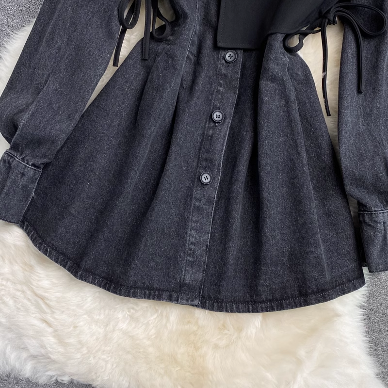 Fake two-piece vest lapel denim dress YM827