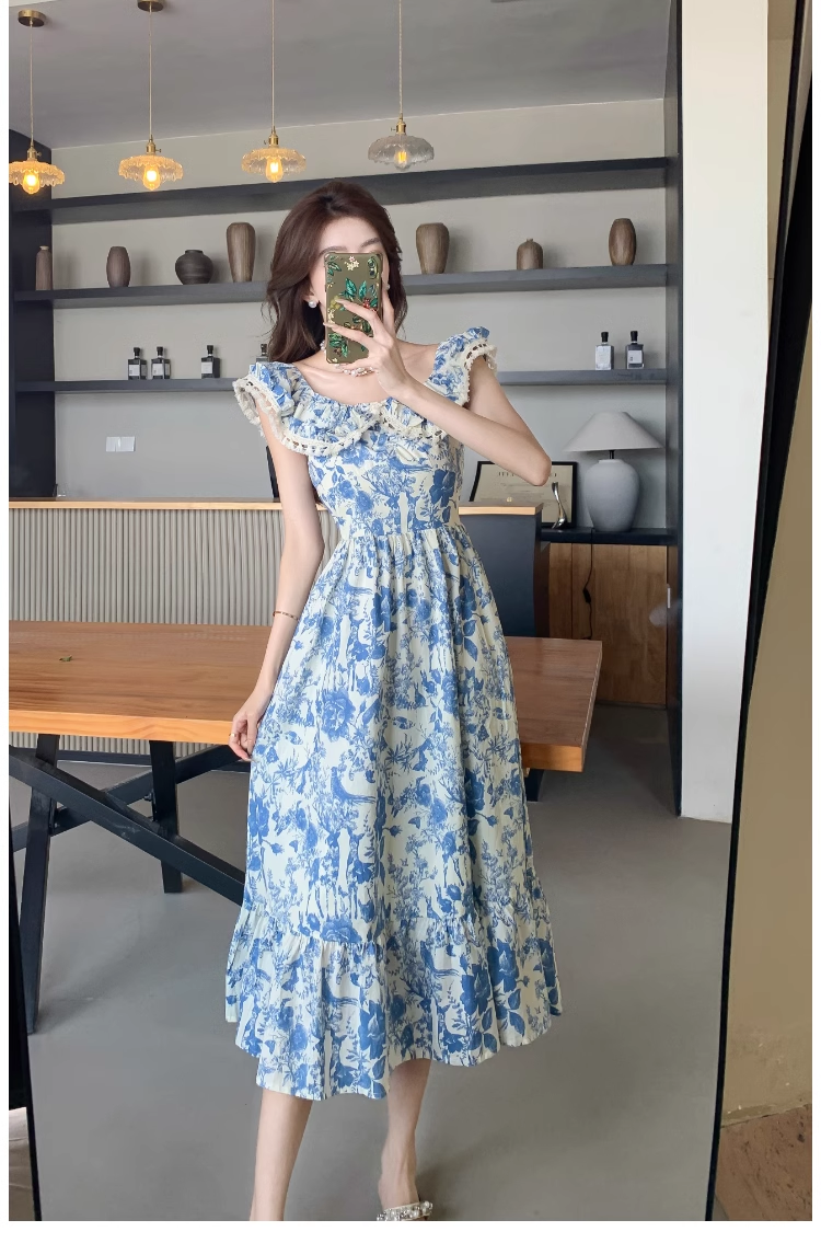 Women's summer blue oil painting floral dress YM1159