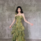 Irregular Ruffled Suspender Prom Dress Green Long Birthday Dress YM1628