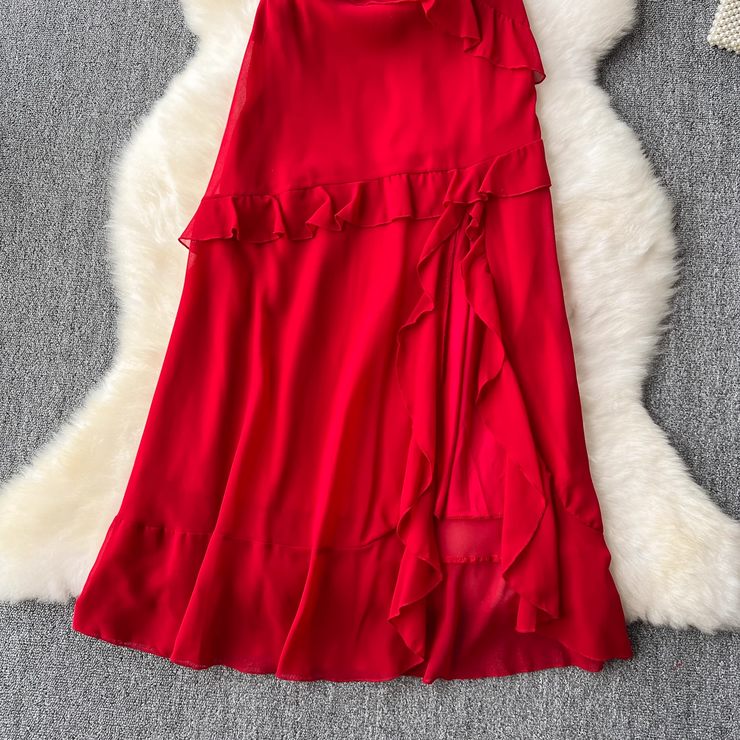 Red dress sexy slit ruffled patchwork holiday skirt YM1116