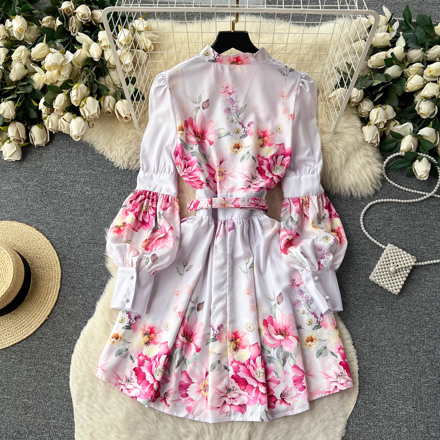 Long-sleeved stand-up collar lantern long-sleeved printed skirt women's court style dress YM402