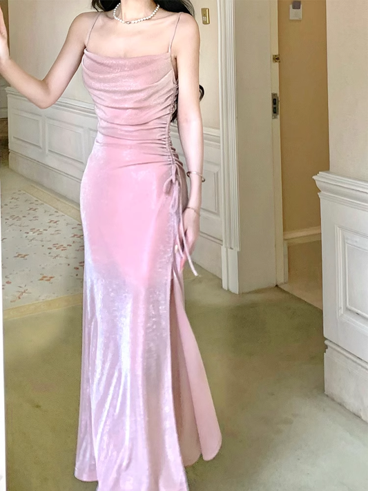 Luxury Suspender Evening Dress Shiny Pink Slit Party Dress YM1700