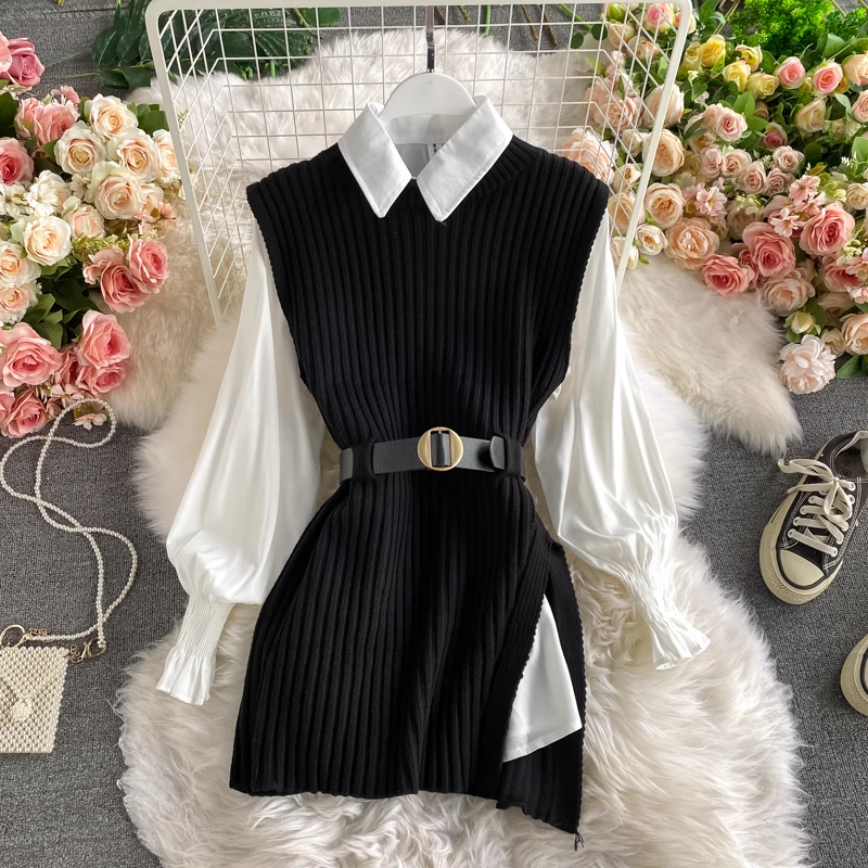 Long Shirt Tie Knit Vest Two-Piece Set, YM259