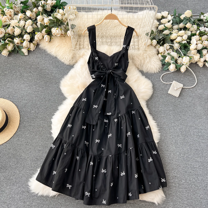 Embroidered bow tie mid-length resort style suspender dress  YM1203