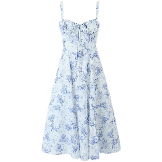 Blue and white porcelain print mid-length slip dress YM465