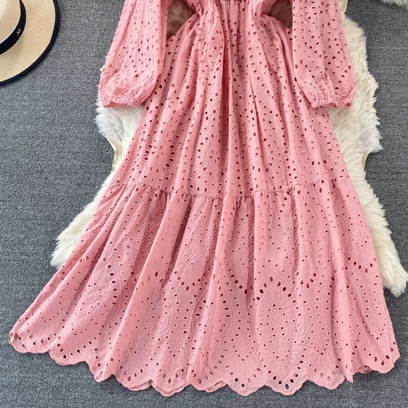 V-neck hollow embroidery summer dress ,YM180