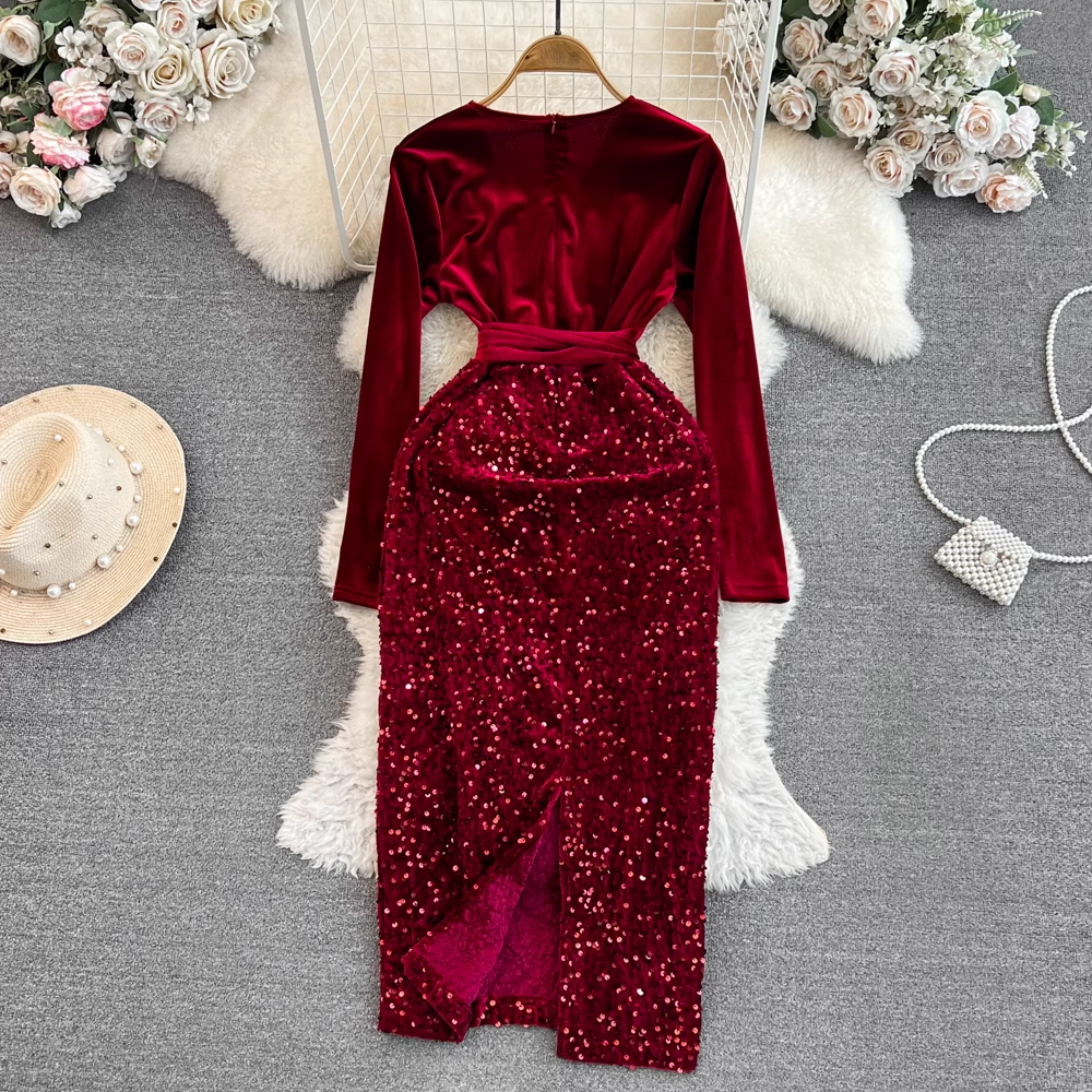 Long-sleeved V-neck waist slimming mid-length velvet spliced sequin dress YM828