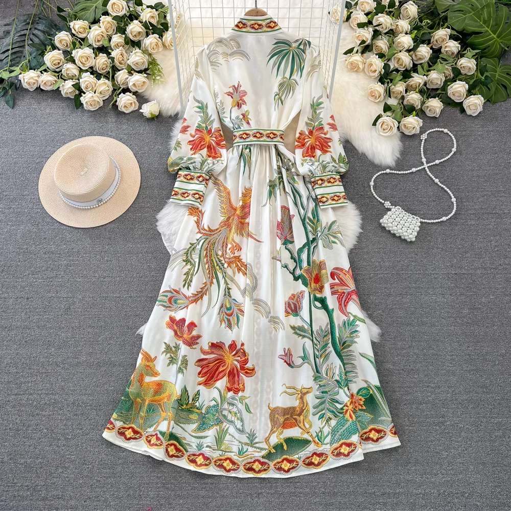 Long-sleeved stand-collar A-line printed dress YM982