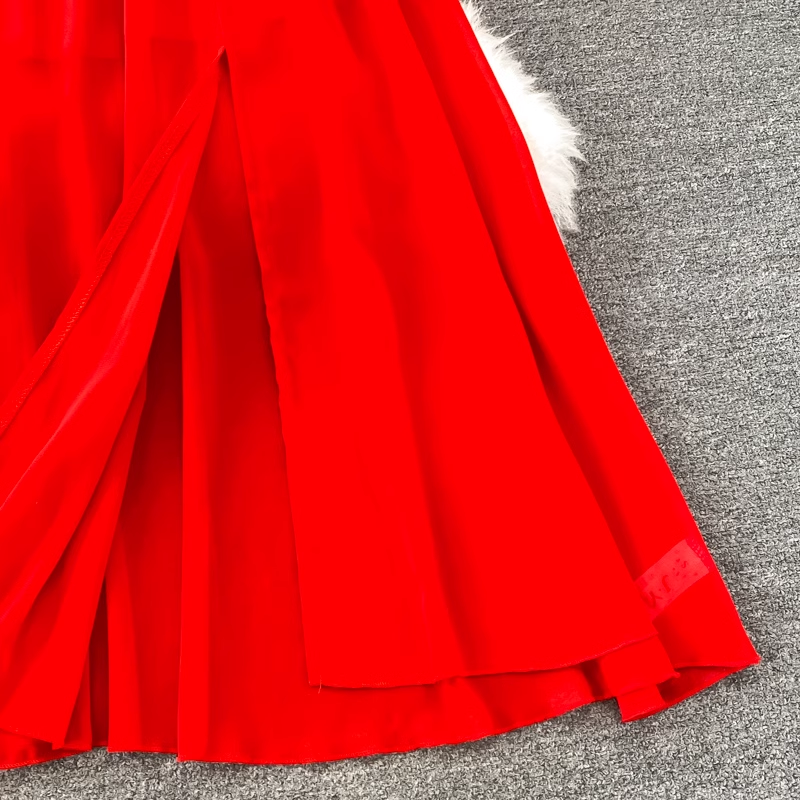 Red Off Shoulder Chiffon Dress,YM213