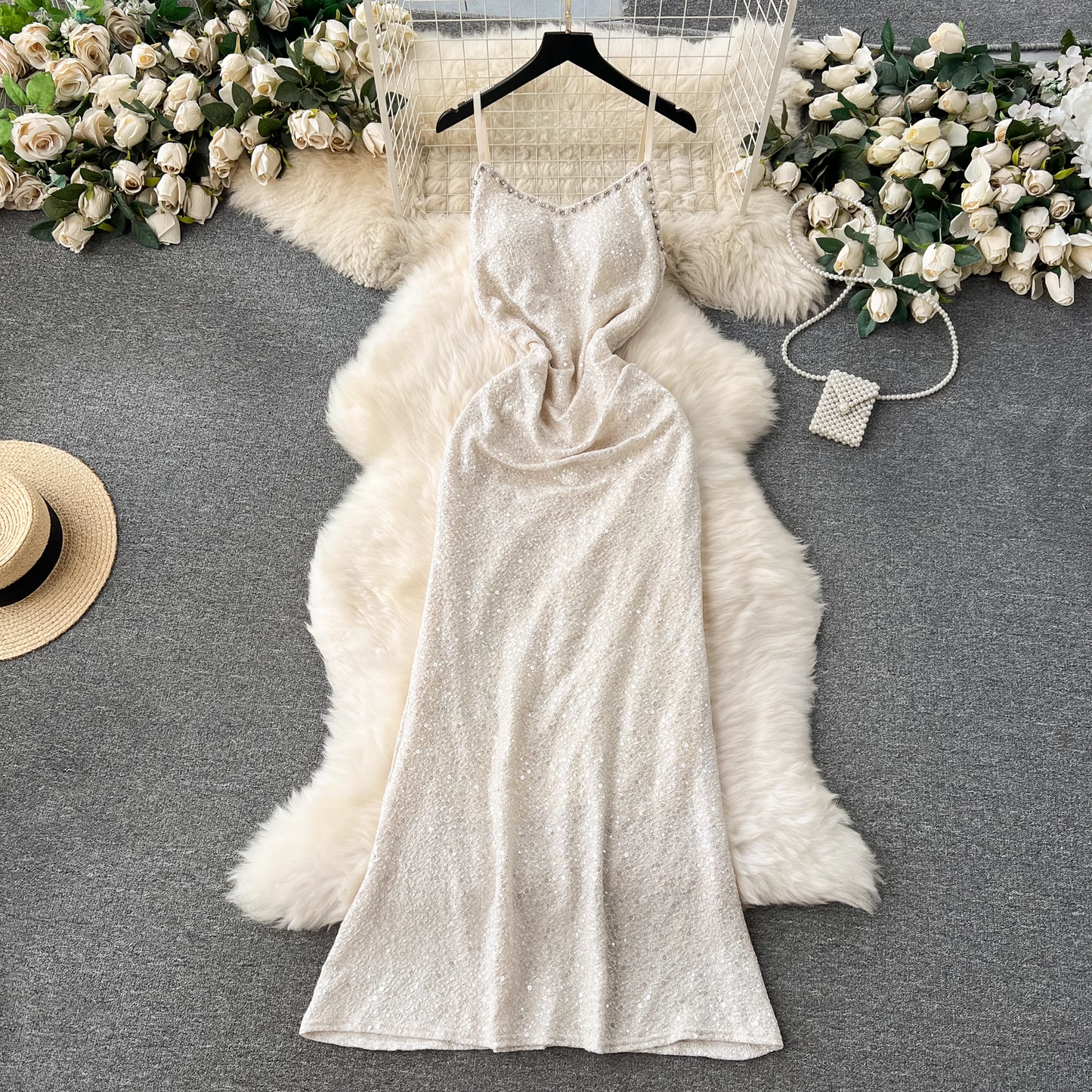 Women's elegant long sequin suspender dress YM1149