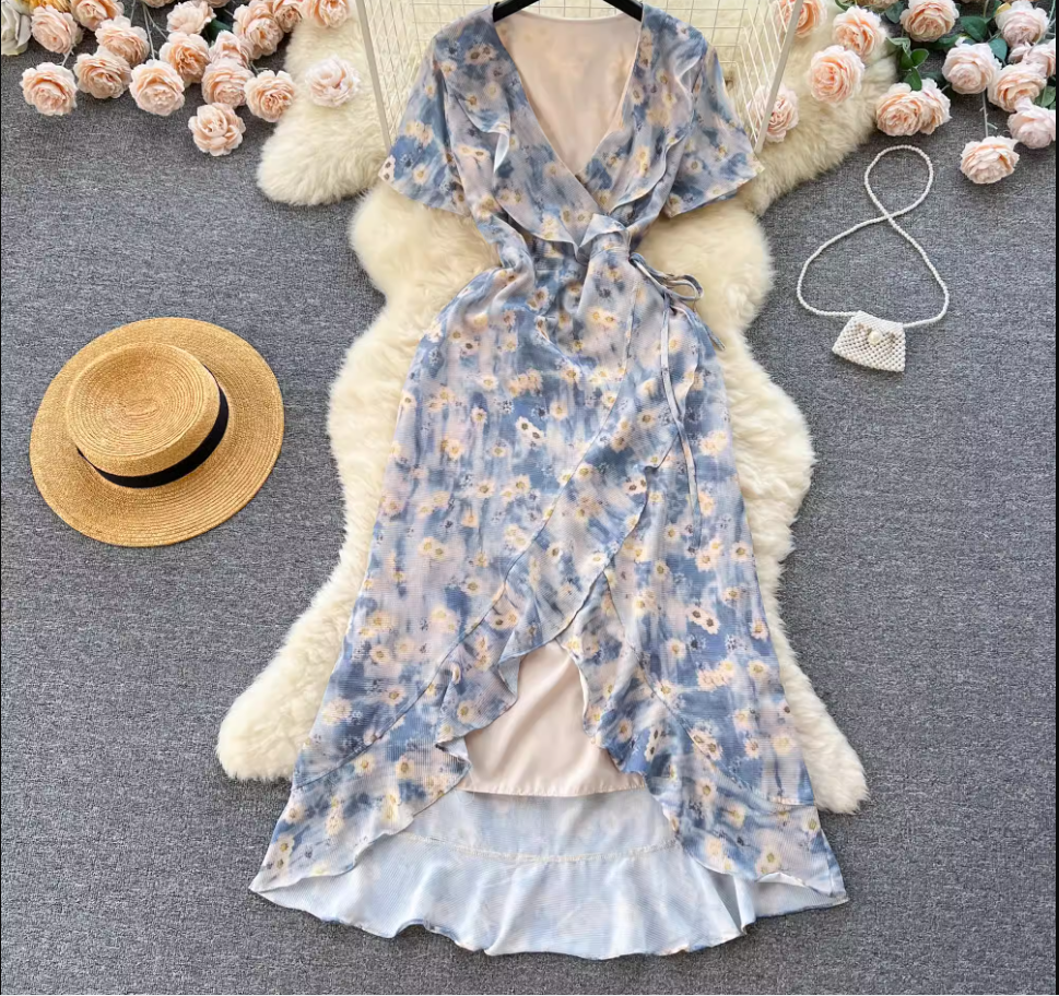 Women's Irregular Ruffled Floral Chiffon Dress ,YM121