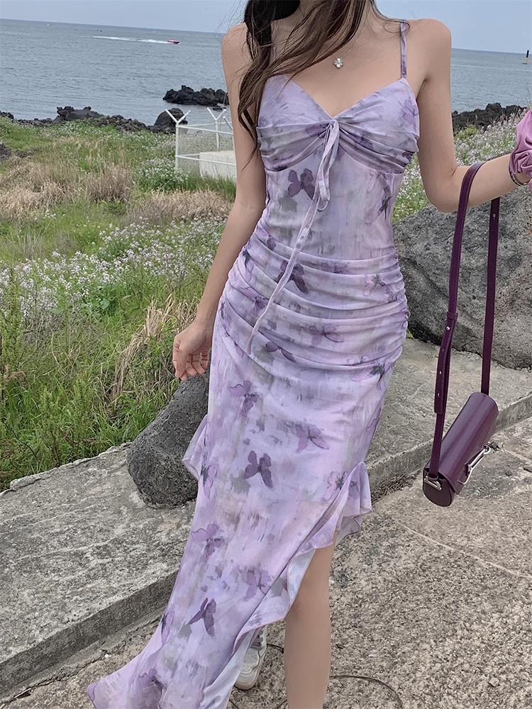 women's summer purple butterfly print suspender dress  YM1265