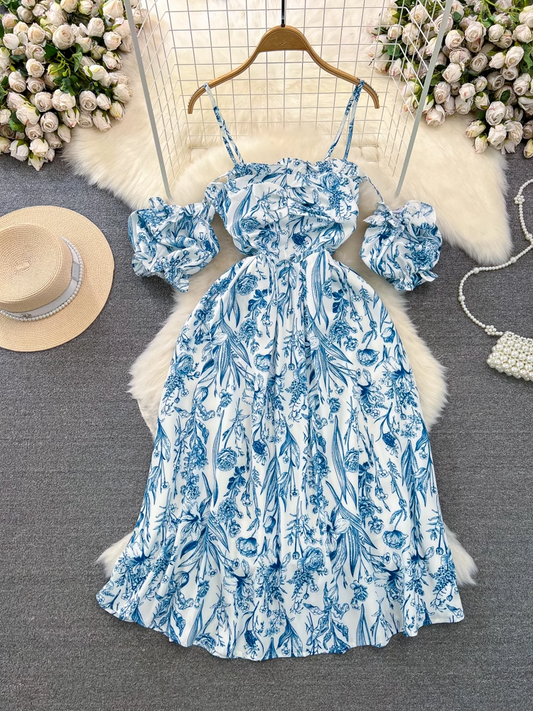 Beach dress seaside vacation a-line floral suspender dress  YM874