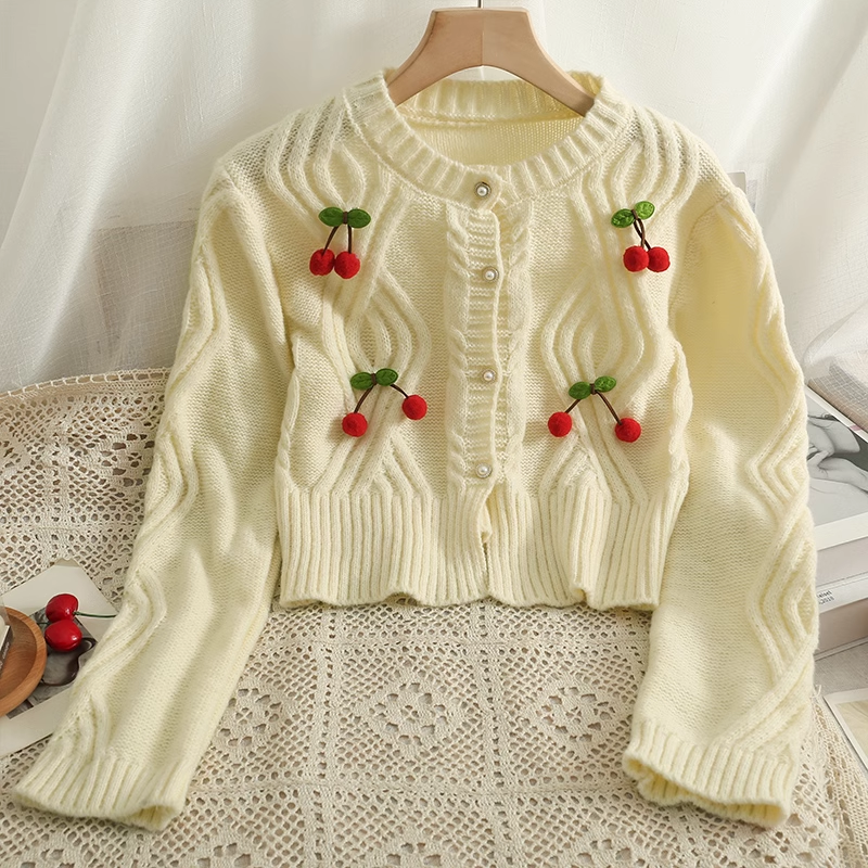 Sculpted Cherry Single-Breasted Cardigan Cropped Sweater YM376