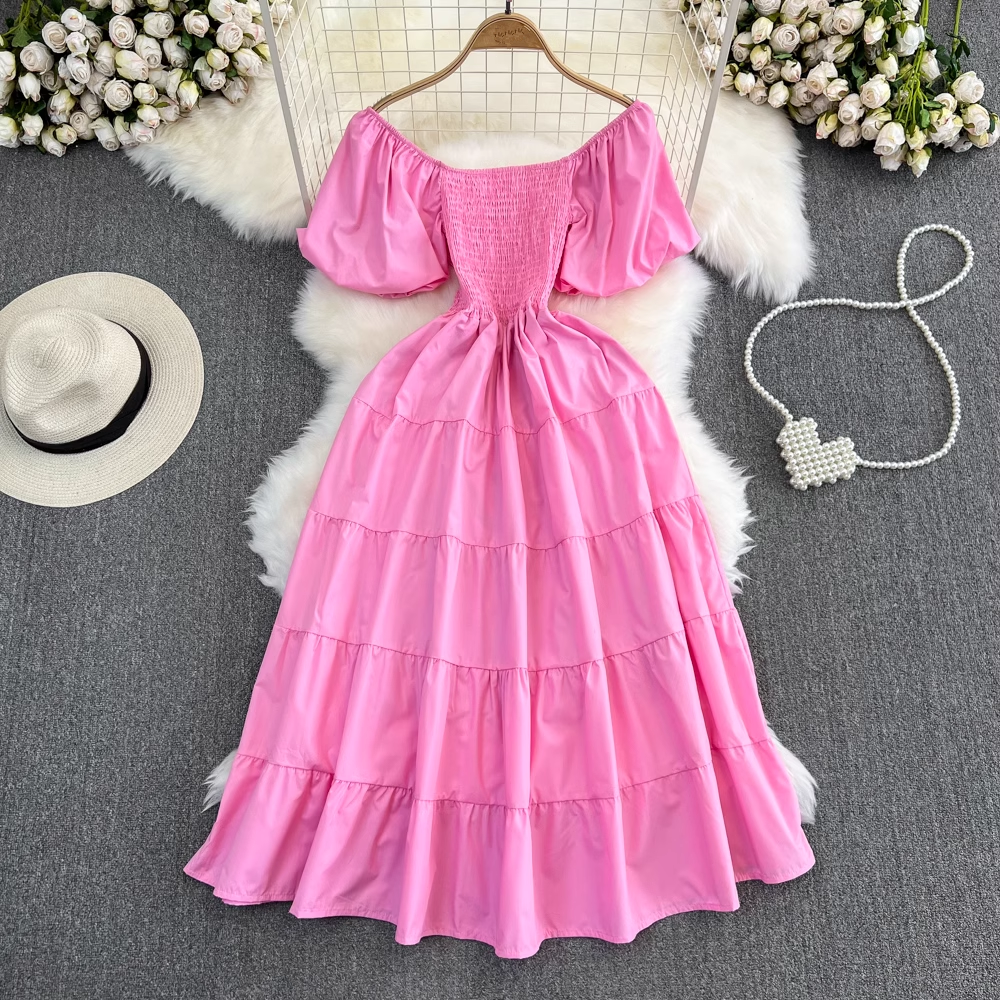 Bubble Short Sleeve Square Neck A-Line Dress Seaside Holiday Swing Long Dress , YM277