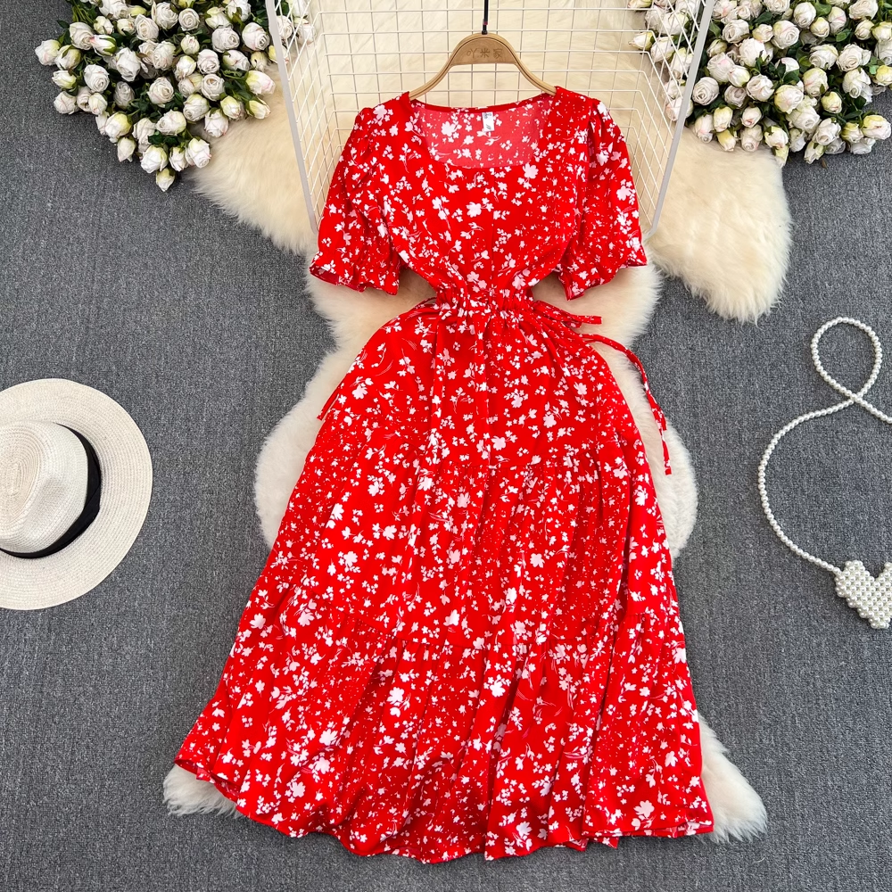 Square collar puff sleeve summer new fluffy princess dress, YM246