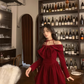 Cute Halter Long-sleeves Burgundy Velvet Short Dress Birthday Dress YM1741